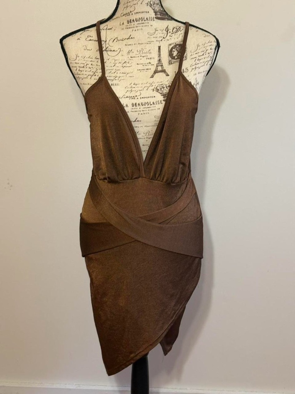 Metallic Brown Plunge Wrap-Front Bodycon Dress by Boohoo